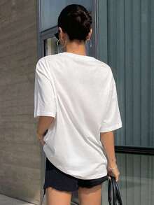 1 pieza Camiseta de Hombros Caídos con Estampado de Letras, Camiseta Oversize, Tops de Verano, Ropa de Verano, Conjuntos de Verano para Mujer - Blanco - Ver 3