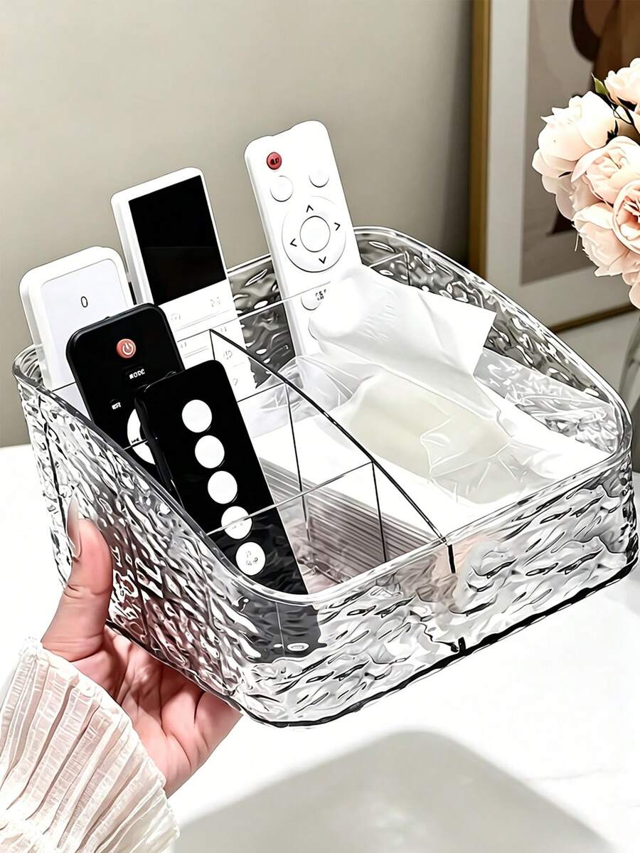 1pc Transparent Acrylic Desktop Storage Box - Multi-Compartment Remote Control Holder, Living Room Coffee Table, Bedroom Nightstand Tissue Box, Makeup Brush, Vanity Makeup Organizer - Transparent - View 1
