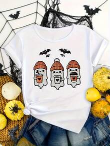 Women's Cotton Crew Neck Casual T-Shirt Is A Plus-Size Casual T-Shirt With A Halloween Ghost Print And Crew Neck - 100% Polyester, Medium-Stretch Knit Fabric, Regular Fit Short-Sleeve T-Shirt For Women - Seasonal Top, Regular Length, No Detailed Design. Simple T-Shirt For Everyday Wear. - 白色 - 查看 7