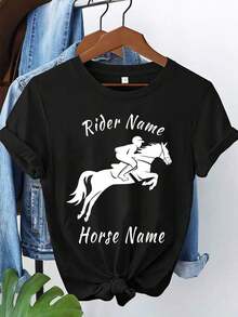 Women's Cotton Crew Neck Casual T-Shirt With Custom Text For Horse Enthusiasts, Personalized T-Shirts, Business Logo T-Shirts, Team Apparel, Halloween Gifts, And T-Shirts With Your Custom Text. 100% Cotton. Simple T-Shirt For Everyday Wear - 黑色 - 查看 6