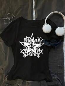 Women's T-Shirt With Sparkling Golden Cherry Design - Hitam - View 1