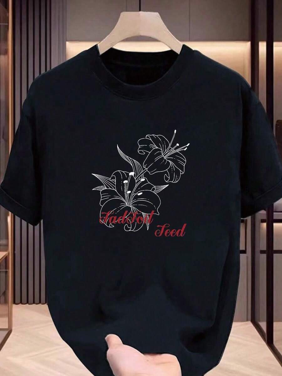Men's Floral Print T-Shirt, Modern Style, Short Sleeve, Literary Style, For Daily Wear, Casual, For Couples - Vintage Street Style Unisex Cotton Short Sleeve Crew Neck T-Shirt - 黑色 - 查看 1