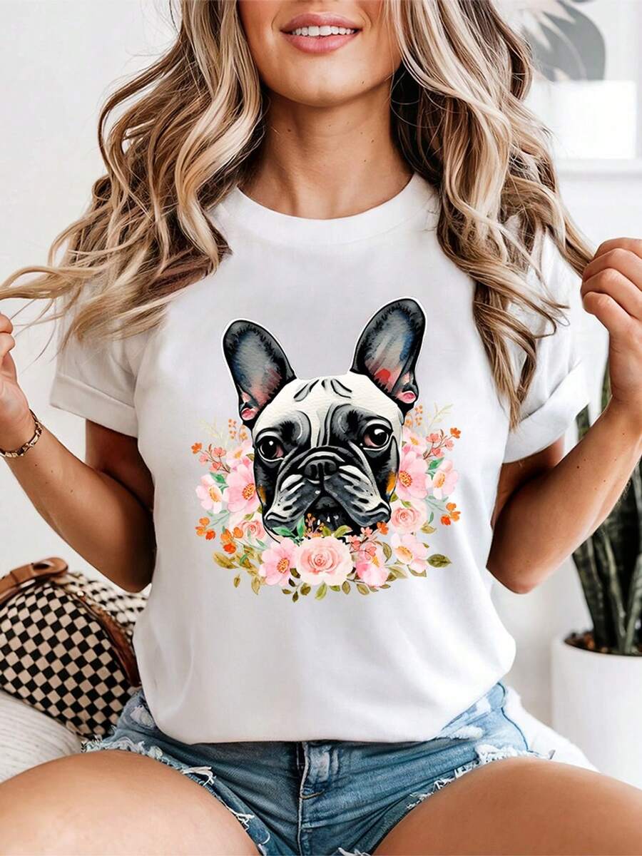 Women's French Bulldog T-Shirt, Watercolor Floral Graphic Print Top, Cute Casual T-Shirt For Dog Lovers - 白色 - 查看 1