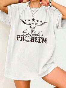 One-Piece Short-Sleeved T-Shirt With A Cute Design, Printed With The Phrase "Somebody's Problem" In A Cartoon Style, For Women, Suitable For Various Occasions, Such As A Gift For Festivals, Birthdays, Beach Music Festivals, Casual And Versatile, Comfortable, For Beach Vacations, Fashionable And Simple, Suitable For Everyday Wear For Women And Girls, 180g 100% Cotton. Leisure - 白色 - 查看 1