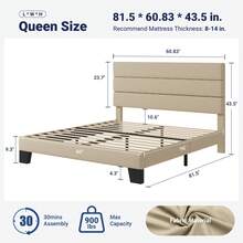Allewie Twin/Full/Queen/King Size Platform Bed Frame With Fabric Upholstered Headboard And Wooden Slats Support, Fully Upholstered Mattress Foundation, No Box Spring Needed, Easy Assembly, Beige - 米色 - 查看 9
