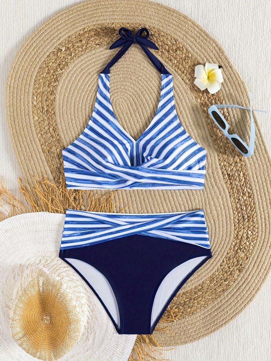 Sexy Bikini For Women, Striped Design With Deep V-Neck, Halter Neck And Quick-Drying Fabric - Blue - View 1