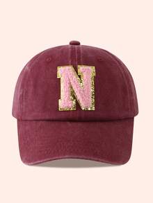 1pc Kids Burgundy Letter Baseball Cap, Sun Hat For Boys And Girls, Suitable For Outdoor And Daily Use - Pink Gold Label - Wine Red Washable Cap - View 52