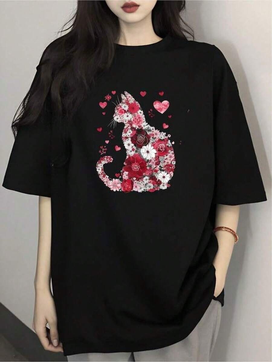 1 Pieza Camiseta Unisex Holgada 180g 100% Algodón Puro, Camiseta fresca gato de flores estilo moderno diseño artístico estampa colorida regalo para amantes de los gatos tallaM color negro moda casual  2023. Cómoda y versátil para escuela, trabajo, salidas y eventos casuales - Negro - Ver 1