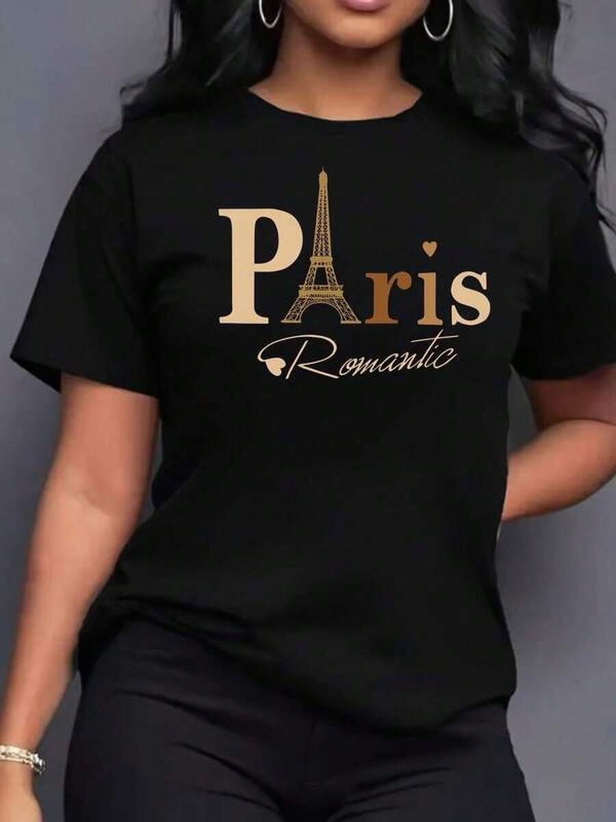2026 new Camisetas Para Mujer Camiseta única y elegante con diseño inspirado en París en tonos dorados perfecta para crear un look y2k moderno ideal para cualquier ocasión resalta tu estilo romántico y destaca tu personalidad con esta prenda exclusiva - Negro - Ver 1
