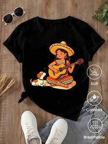 Short-Sleeved T-Shirt For Spring/Summer 2026, Made In Mexico, 180 Grams. Cartoon Print, Couple Design, Suitable For Indoor Or Outdoor Wear. Crew Neck, Unisex, Ideal For Office And Leisure. One-Pack. - 黑色 - 查看 5
