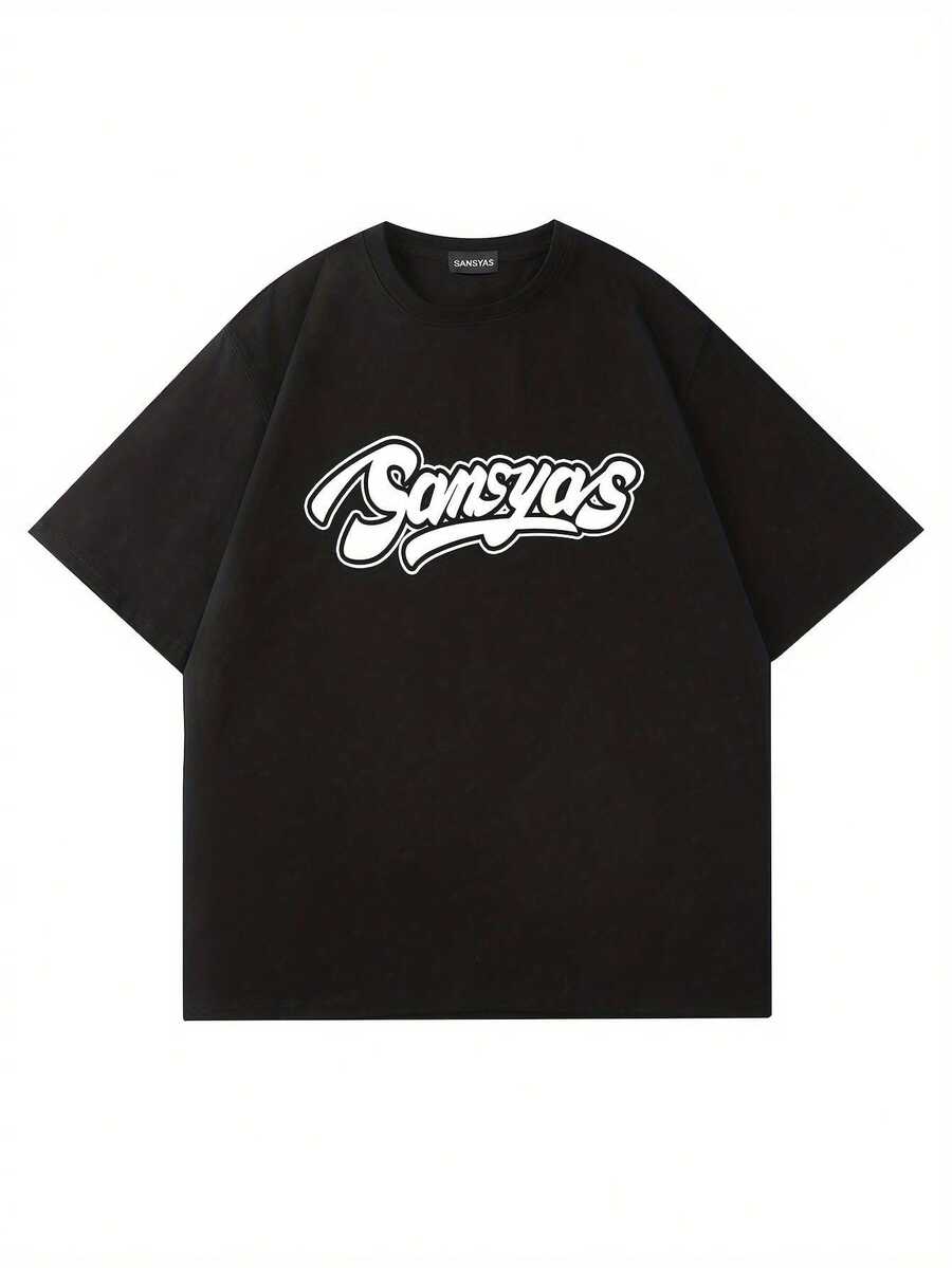 Camiseta Estampada para Mujer - Camiseta Casual Negra de Manga Corta y Cuello Redondo con Gráfico Cursivo Gangsta, Corte Relajado para Todas las Estaciones, Perfecta para el Uso Diario y Atuendos de Vacaciones (Lavable aáquina). - Negro - Ver 1