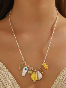 2pcs Summer Ocean Style Shell & Starfish Ceramic Pendant Necklace, Bohemian Vacation Necklace - Multicolor - View 7