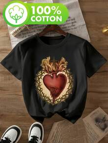Women's Short-Sleeved T-Shirt, Retro Internet Celebrity Style, Featuring A Sacred Heart With Crown Of Thorns And Cross Design, 100% Pure Cotton, Round Neck, Printed Design, Soft And Comfortable Casual Style, Available In Multiple Colors For Spring, Summer And Autumn, A Great Gift Choice. - Black - View 1