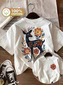 | Exquisite Design | Loose And Comfortable | Easy To Match | [Double-Sided Print] Women's Summer Clothing, Vintage Style, Deer, Flower And Leaf Print, Pure Cotton Top, Casual Daily Wear, Round Neck, Short Sleeve T-Shirt. - 白色 - 查看 8