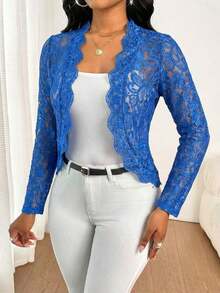 Lady Chaqueta elegante y casual con volantes de encaje para uso diario, para otoño - azul real - Ver 3