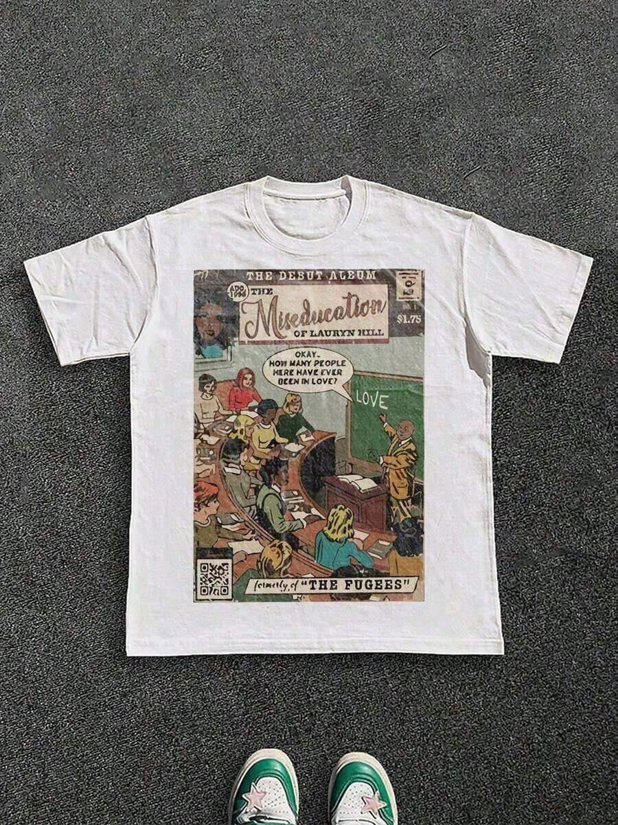 Break The System The Miseducation Of Lauryn Hill Plus Size Graphic T-Shirt, Apricot Color, Women's Summer Casual Printed T-Shirt, Ideal For Beach And Vacation, Crew Neck Loose Fit T-Shirt, 100% Cotton, Soft Fabric, Short Sleeve - 白色 - 查看 1