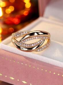 1pc Fashionable Linear Geometric Cross Design Cubic Zirconia Inlaid Women's Ring Casual Gift - Multicolor - View 13