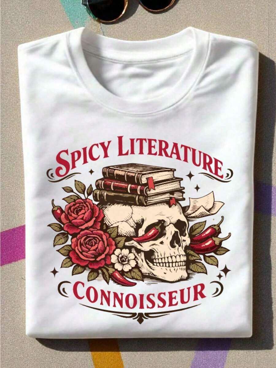 Summer Soft Casual Crew Neck Short Sleeve T-Shirt, Literature Connoisseur T-Shirt, Book Lover T-Shirt, Book Club T-Shirt, Fun Gift For Librarians, Literary T-Shirt, Gift For Book Lovers M-618t, Going Out T-Shirts, Cotton, Vintage, European And American Street Style, Sporty Casual, Unisex Style, Urban Casual Style, Cute T-Shirts, G - 白色 - 查看 1
