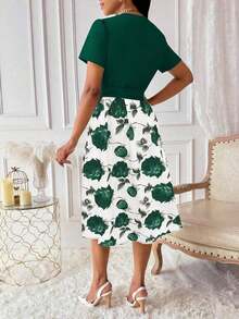 Vestido de mujer con cuello en V y cinturón, manga corta, vestido largo de verano para mujer - Verde Oscuro - Ver 2