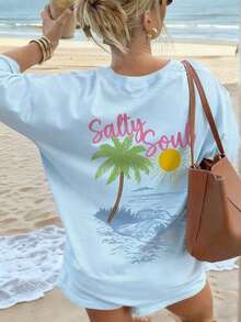 SALTY SOUL Women's Short Sleeve Crew Neck T-Shirt With Coconut And Sun Print, New Spring/Summer Collection, Versatile And Fashionable, Essential For Everyday Wear And Holidays. Women's Holiday Print T-Shirt - 嬰兒藍2 - 查看 7