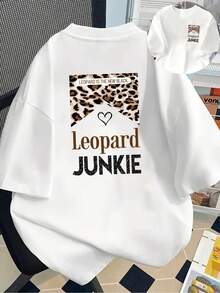 Camiseta estampada por delante y por detrás 2026, para amantes del estampado de leopardo, camiseta de manga corta casual con cuello redondo para mujer, ajuste cómodo, tela agradable al tacto, top de diseño clásico, un artículo de moda imprescindible para las mujeres. - Blanco - Ver 1