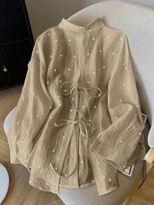 Camisa de mujer de manga larga con espalda descubierta y lazo, de estilo suelto y delgado, para primavera/verano - Caqui - Ver 1