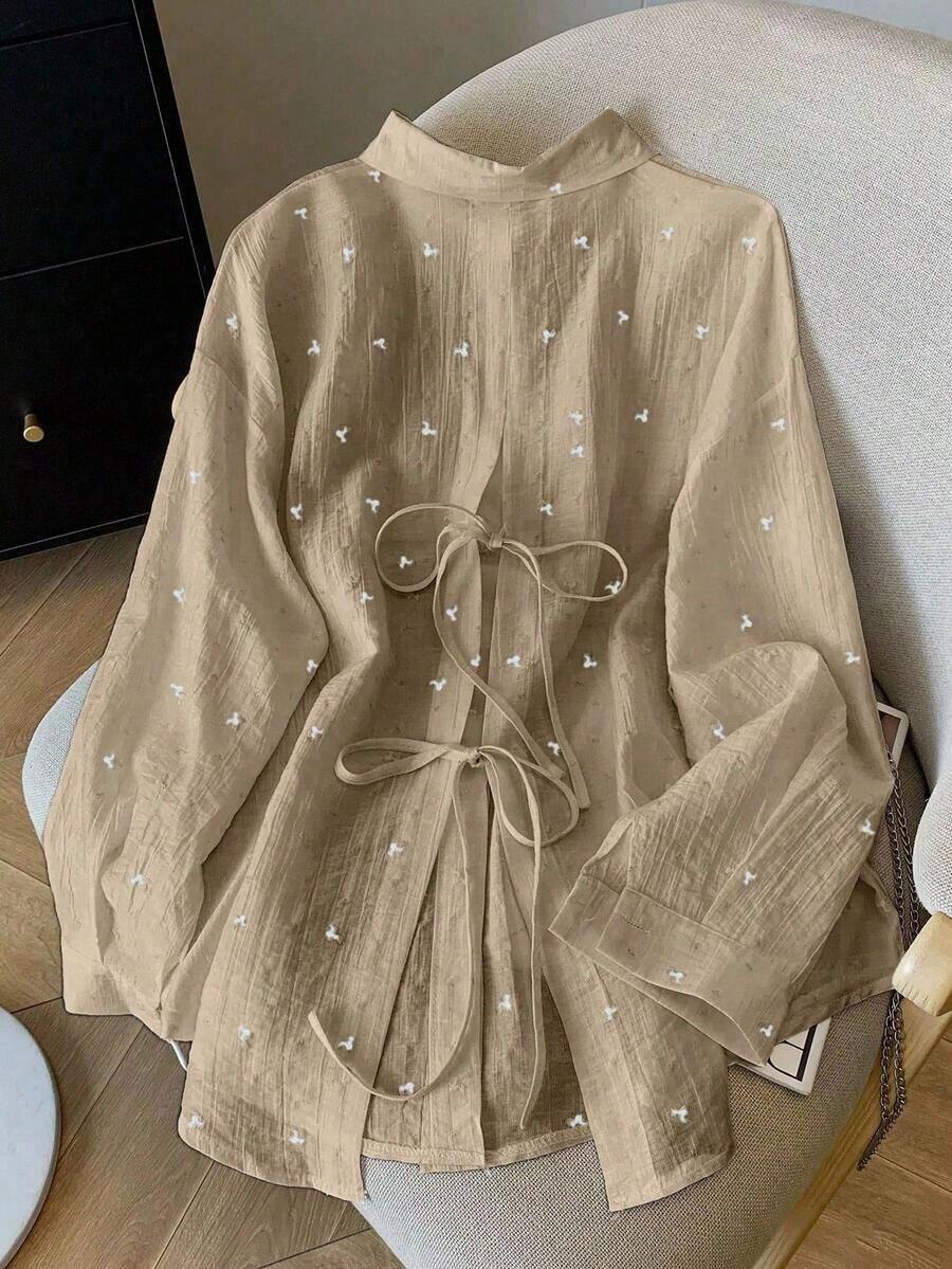 Camisa de mujer de manga larga con espalda descubierta y lazo, de estilo suelto y delgado, para primavera/verano - Caqui - Ver 1