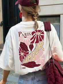 New Summer 2026 Collection, Women's Cream Floral Print "Paris Lover" Short Sleeve Crew Neck T-Shirt, Casual Loose Fit, Parisian Style, Romantic Style, City Stroll, Date Night, Cherry Blossom Season, Brunch, Spring/Summer - Vintage Urban Style, Unisex Cotton Short Sleeve Crew Neck T-Shirt, Sizes: S–7XL; Ships In 24 Hours. Breathable And Comfortable. - 白色 - 查看 2