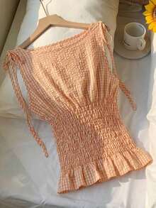 Blusa casual de mujer de algodón a cuadros naranja con tirantes tejidos y cordón en la cintura, blusa a cuadros naranja de verano, adecuada para el Día de San Valentín, el Carnaval, la playa, las vacaciones, el uso casual, la calle, la univers - Naranja - Ver 3