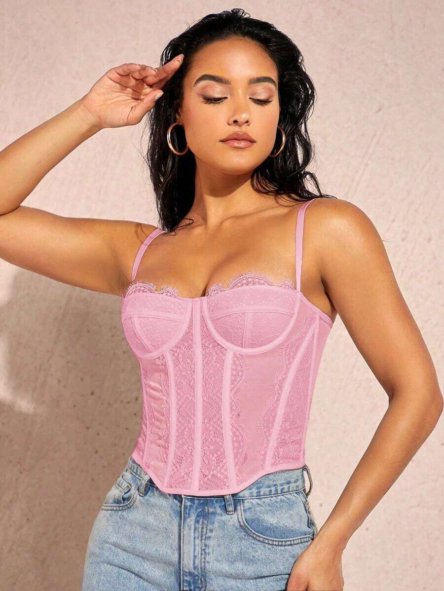 Top de tirantes bustier ribete con encaje - Rosa - Ver 1