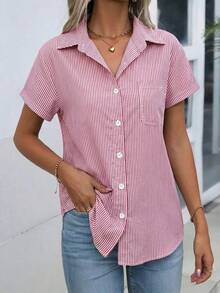 Blusa de mujer con rayas, blusa casual de manga corta, de verano - Burdeos - Ver 4