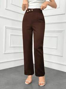 Pantalones elegantes de mujer con pierna recta, cintura suelta y detalles de botones para otoño/invierno - Café integral - Ver 4
