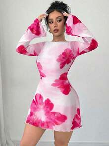 Vestido mini de malla con espalda abierta y estampado floral para mujer, vestido de manga trompeta para el Día de San Valentín, vestido con flores posicionadas, vestido mini de espalda baja, vestidos para vacaciones, vestidos de gran estampado floral para playa y vacaciones, vestido mini de manga de malla, apto para ir al trabajo, elegante, sexy, vacaciones, playa, Hawái, romance, citas, fiesta, concierto, disfraz para actuaciones, temporada de bodas, inicio de curso, Día de San Valentín - Morado - Ver 4