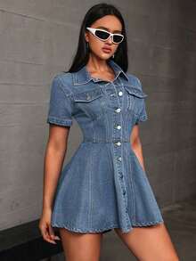 Vestido corto de mezclilla casual con botones para mujer, manga corta y cierre frontal con botones - Azul - Ver 4