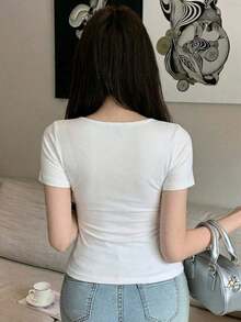 Camiseta de manga corta minimalista de unicolor para mujer, uso casual de todos los días en verano - Blanco 5 - Ver 2