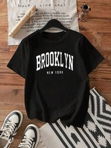 New 2026 Camisetas Para Mujer,Camisetas para parejas Camiseta estilo Y2K de Brooklyn Nueva York diseño moderno y urbano ideal para un look casual única en su estilo perfecta para los amantes de la moda y la cultura pop destaca por su comodidad y originalidad perfecta para todas las ocasiones - Negro - Ver 1
