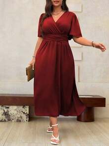 Vestido maxi de verano para mujer talla grande, de manga corta con volantes y cuello en V de un solo color - Burdeos - Ver 5