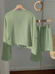 Conjunto de blusa con amarre al frente y shorts con estampado de anacardo para mujer, en estilo bohemio - Verde Oliva - Ver 4