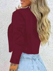 Chaqueta corta de mujer de unicolor con cuello de solapa y botones de manga larga - Burdeos - Ver 4