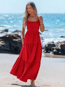 Vestido casual sin mangas con lazo para primavera y verano, atuendos de verano para mujer, vestidos de verano para mujer, atuendos de vacaciones, vestido de playa de verano para mujer, vestido de vacaciones estilo boho y fairycore, vestido sin esp - Rojo - Ver 4