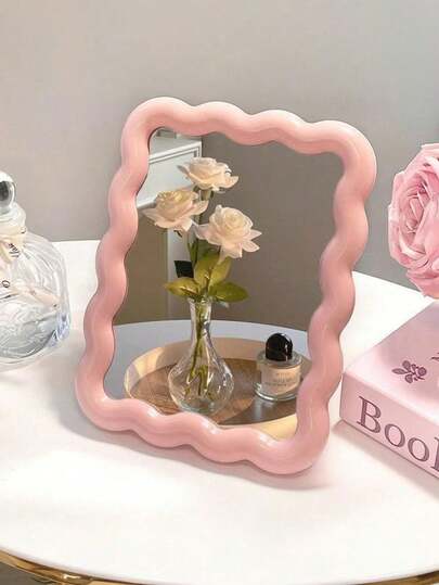 Cute Makeup Mirror, Cream-Colored Wavy Design Mirror, Dual-Use For Desktop Or Wall-Mount, Perfect For Student Dorms, Vanity And Office Use, Ideal For Makeup Application, Affordable, Great For Room Decor, Vanity, Travel And Bedroom, Makeup Supplies