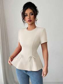 Blusa casual de primavera y verano, elegante, de estilo francés, de unicolor, con cuello redondo, corte evasé, manga corta, con cintura ceñida, detalle de lazo y cremallera posterior - Albaricoque - Ver 4