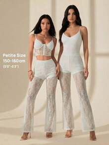 Pantalones de vacaciones de cintura alta de encaje y punto campana para mujer - Blanco - Ver 6