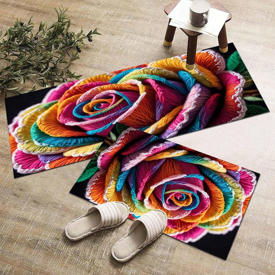 1 pieza Alfombra impresa con patrón floral colorido 2D, Serie de felpudos largos, Adecuado para sala de estar, lavandería, baño, dormitorio, cocina - Multicolor - Ver 1