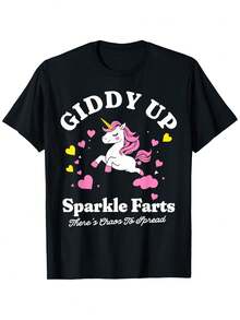 Giddy Up Shiny Butt Fun T-Shirt With Chaotic Unicorn Design For Men And Women | Casual Crew Neck, Regular Fit, Suitable For All Seasons, 100% Cotton, Ideal Gift For Valentine's Day, Carnival, Ramadan And Birthdays, Soft Black Unisex Fabric. - 黑色 - 查看 7
