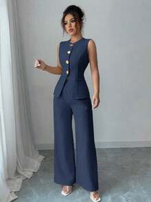 Conjunto de 2 piezas elegante estilo francés con botón con diseño de flor para tiempo libre/commuter para mujer - Azul - Ver 5