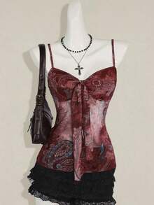 ICON Camiseta de tirantes plisada con estampado de paisley vintage Y2K para mujer - Burdeos 2 - Ver 11