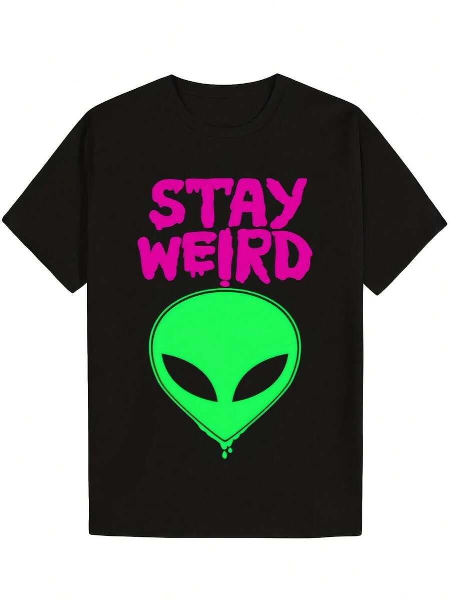 Alien UFO Print T-Shirt "Keep It Weird" - Black With Retro Spaceship Design In Neon Green And Pink, Soft And Breathable Unisex Crew Neck T-Shirt, Vintage Sci-Fi Slogan T-Shirt, Suitable For Casual Wear And Themed Events, Machine Washable And Comfortable Fit. - 黑色 - 查看 1