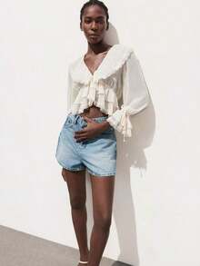 Blusa con botones y mangas con volantes con estampado floral de verano - Blanco - Ver 9