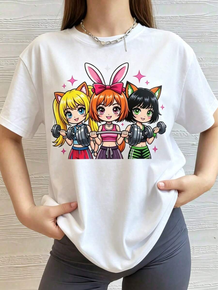 1pc Women's Blouses, Pretty Blouses For Women, Elegant Blouses For Women, Women's Clothing Sets For Women, T-Shirt, 180g Black And White Cotton, Printed Pattern, Chibi Fitness Anime Girls With Cat Bunny Ears Lifting Weights Gym Cotton, High Quality, Round Neck, Basic Loose Fit, Men And Women, Breathable, Versatile, Machine Washable, Comfortable, Size S~3XL, Daily, Casual, Sports, Summer - Blanco - Ver 1